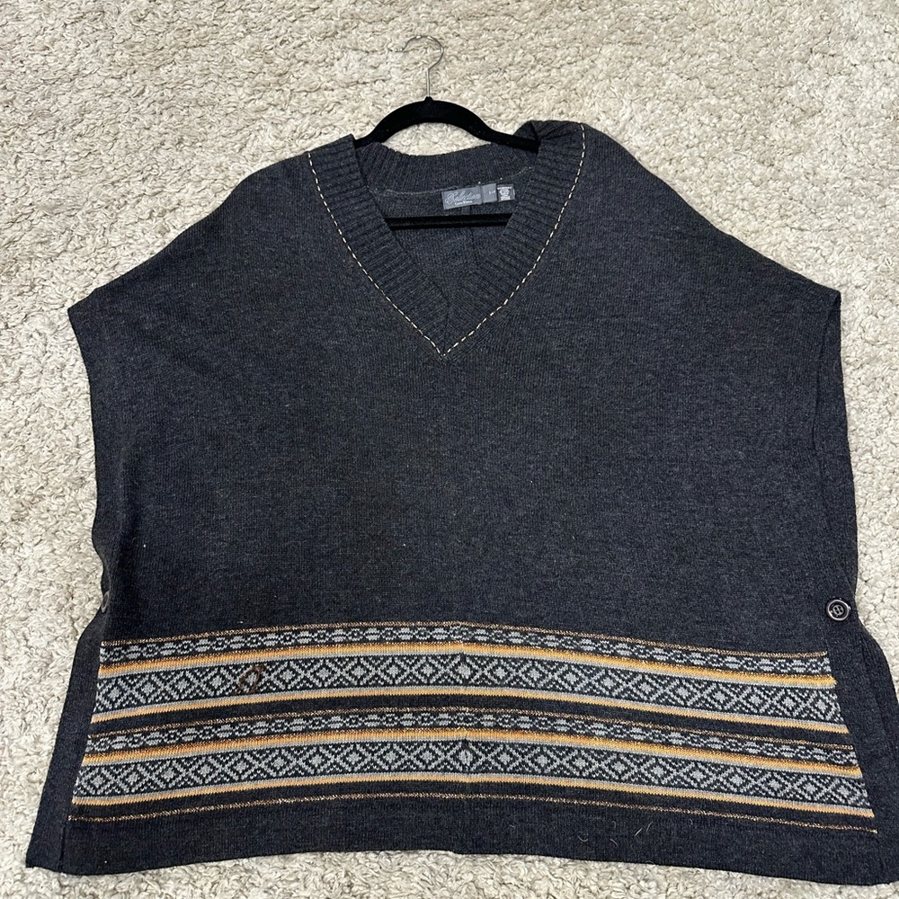 Charcoal, gray ladies sweater poncho with gold thread detail. Size small